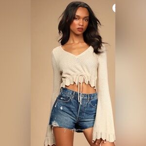 NWOT Lulu's Cream Knit V-Neck Drawstring Crop Sweater